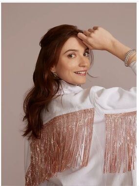Daniel Diamond X David’s Bridal White Jean Jacket with Rose Gold Fringe